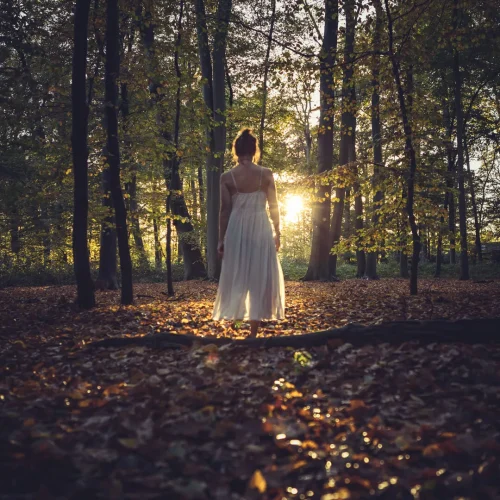 Vrouw in een lange witte jurk die in een bos staat met zonlicht dat door de bomen schijnt.